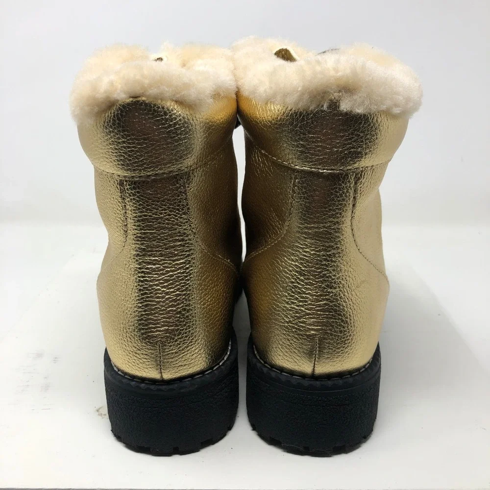 J.Crew Nordic Boots Womens 9 Gold Metallic Faux Fur Trim Lug Sole Glam Statement